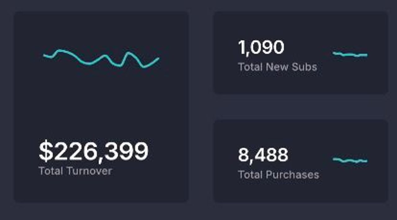 Anonymisiertes Creator-Dashboard mit Gesamtumsatz und Umsatzaufteilung